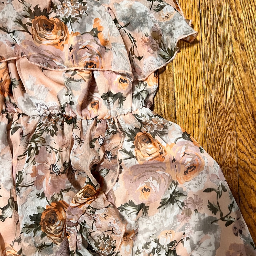 Off the shoulder floral chiffon maxi with slit.